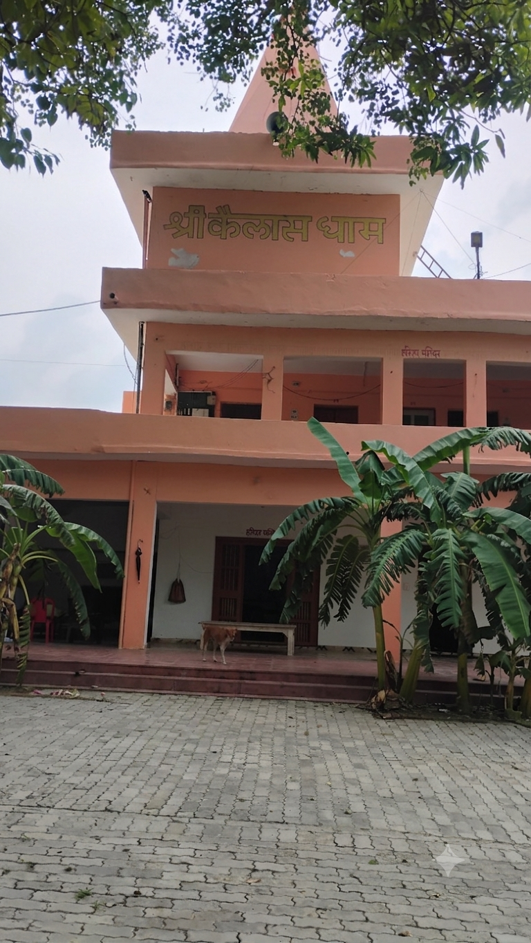 The Ashram mandir building with 'Shri Kailas Dham' inscribed on the shikhara — श्री कैलास धाम अंकित शिखर सहित आश्रम मंदिर भवन